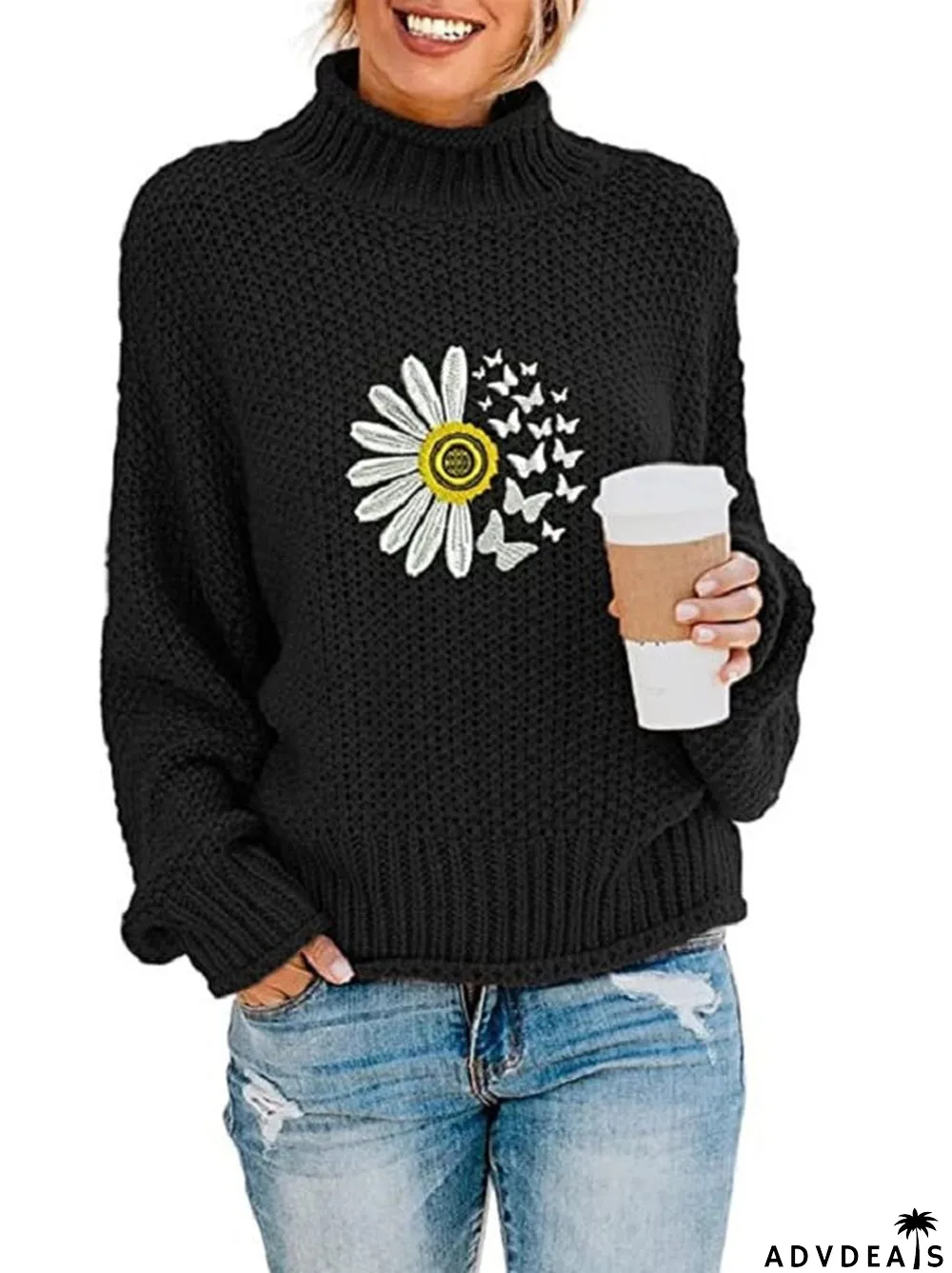 Women Long Sleeve Turtle Neck Printed Sweaters