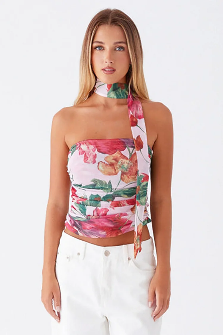 Floral Print Ruched Slim Fit Crop Tube Top-Pink