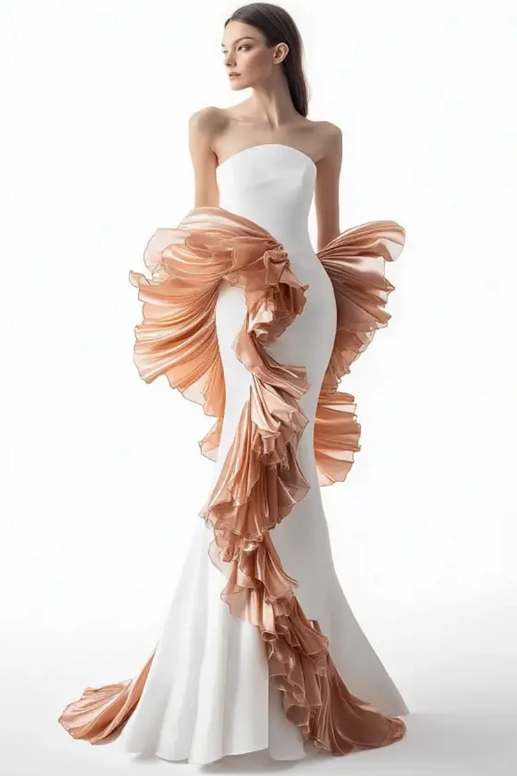 Strapless Ruffle Trim Maxi Dress-White [Custom-Made]