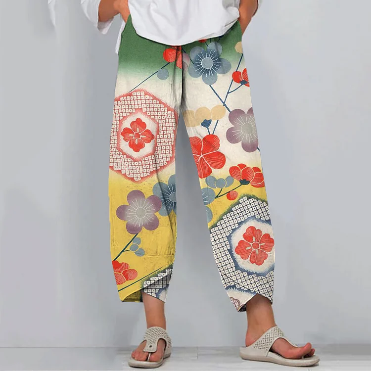 Comstylish Japanese Art Cherry Blossom Print Casual Pants