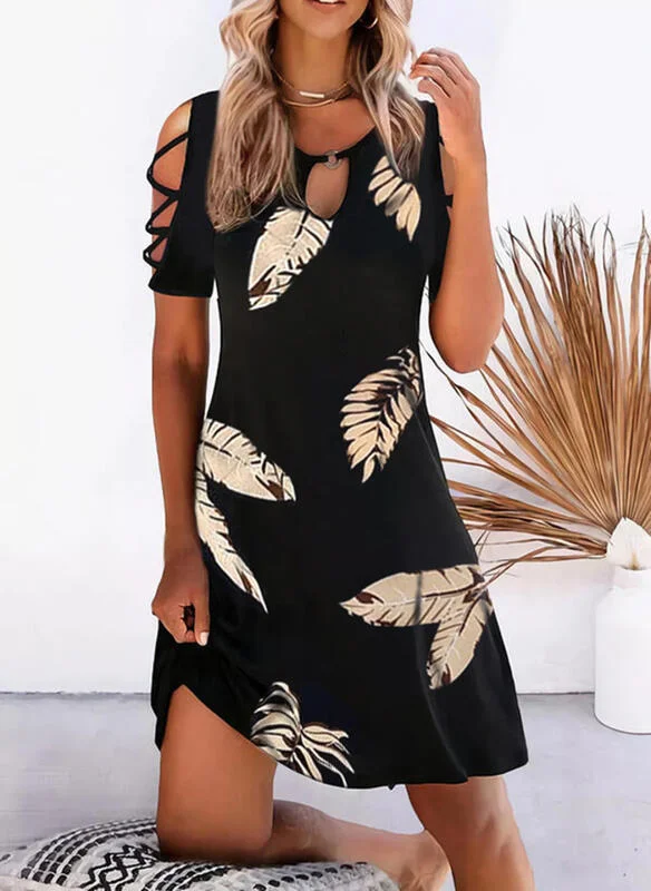 Leaves Print Casual Cross Sleeve Dresses