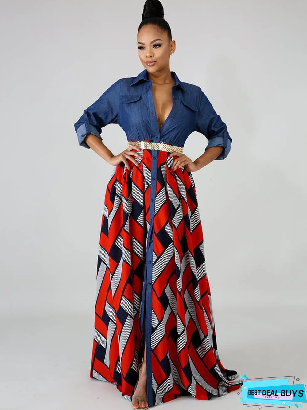 Denim Long Sleeve Plaid Patchwork Maxi Dresses