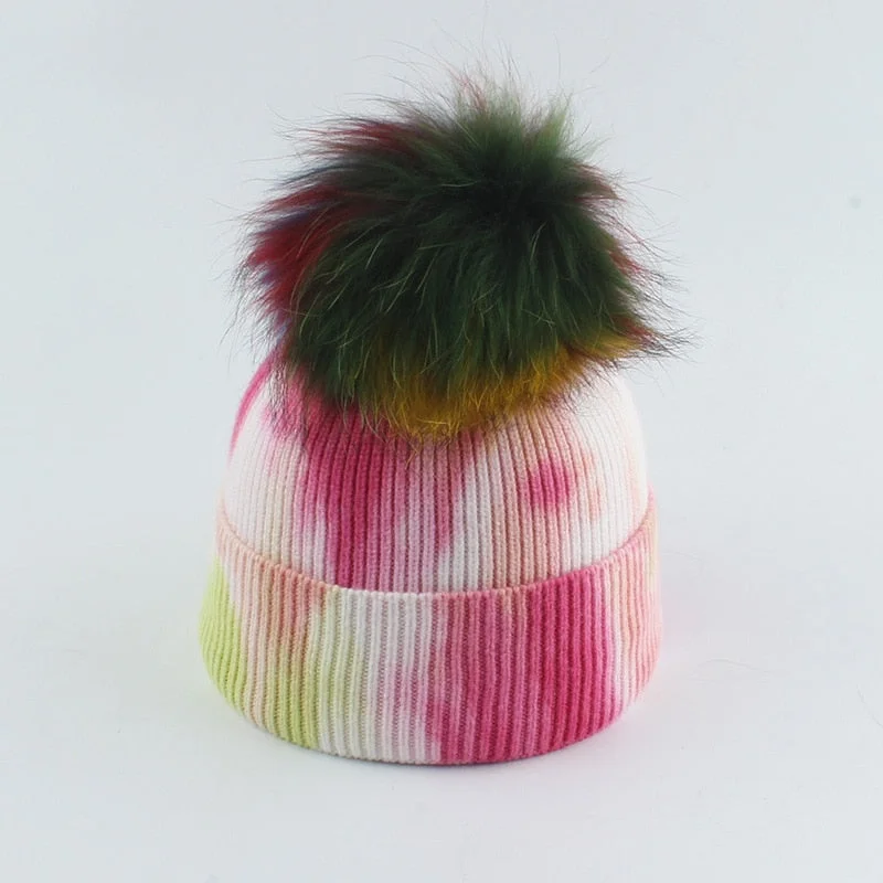 2021 New Fashion Winter Thicken Knitted Hats Warm Real Racoon Fur Pompom Unisex Beanie Tie-dyed Cap Adults Head Cover