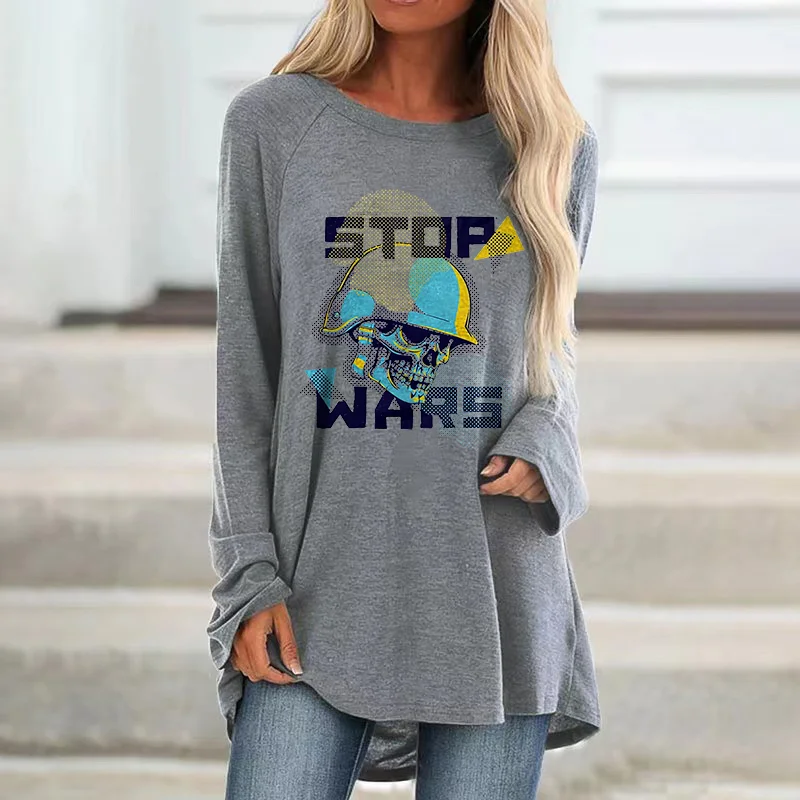 Stop Wars Skull Printed Casual Women's T-shirt