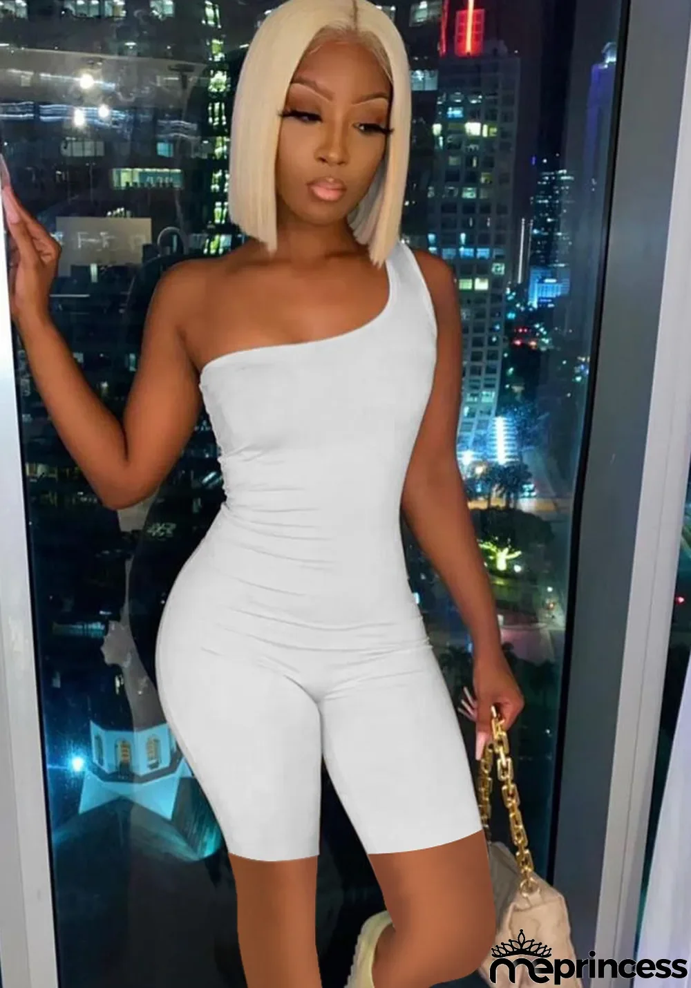 Women Summer White Sexy one shoulder Sleeveless Solid Playsuit