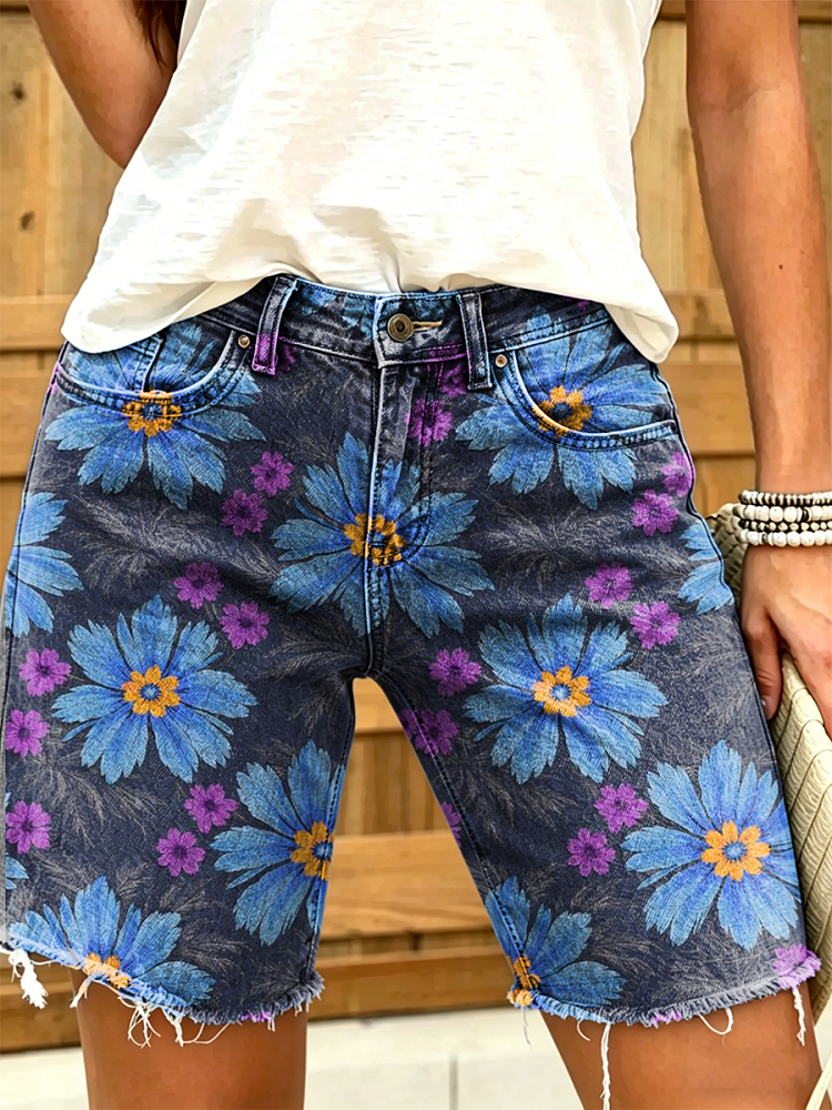 Women's Retro Floral Art Print Casual Washed Cotton Denim Shorts