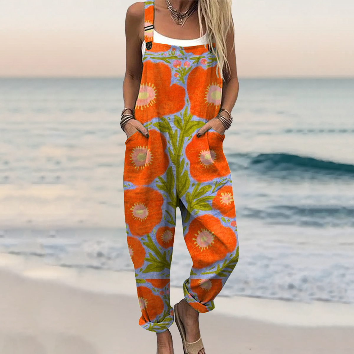 Comstylish Women's Floral Art Print Casual Jumpsuit