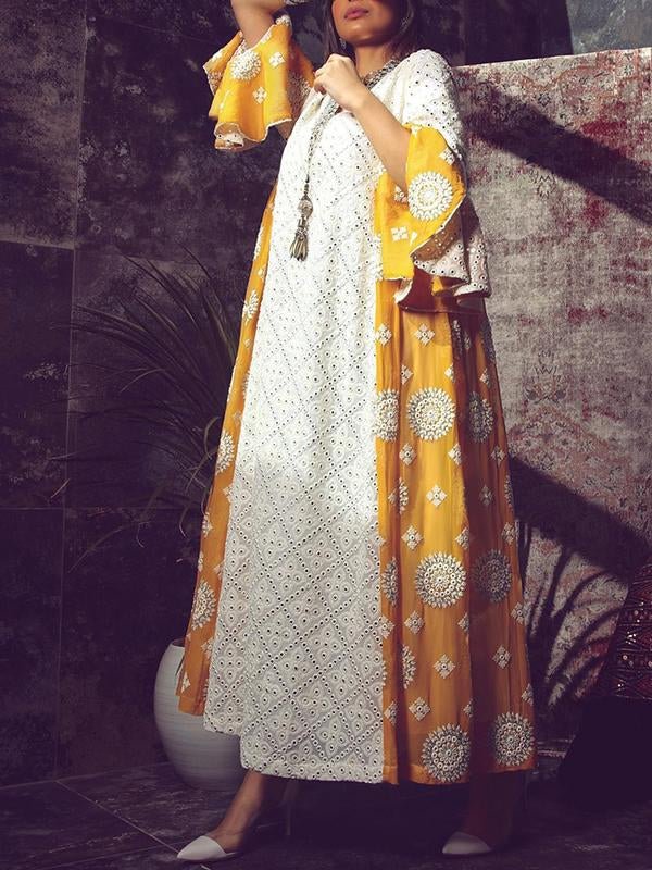 Round neck yellow pattern printed lace joint maxi kaftan dress فساتين