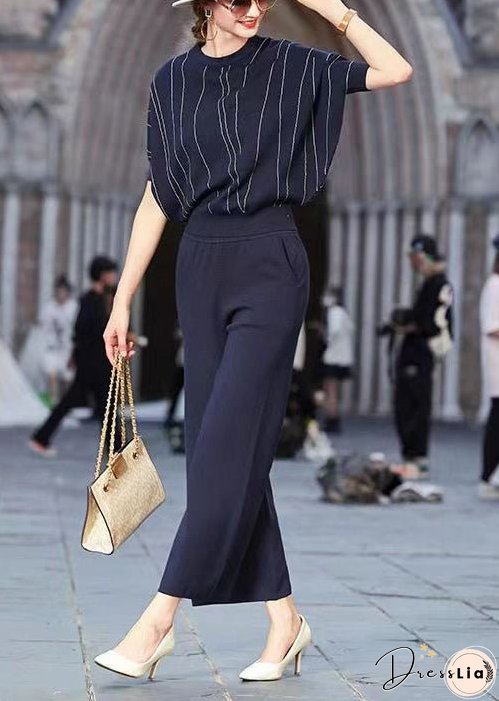 Loose Navy O Neck Print Pockets Knit Two Pieces Set Summer