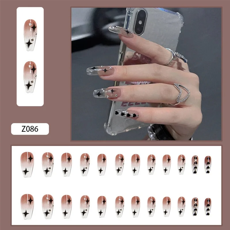 24PCS Glitter Nails Set Press On With Adhesive Strips Korean Cute Black Heart Design Fake Nails Full Coverage Nails for girls-Nail Inspo