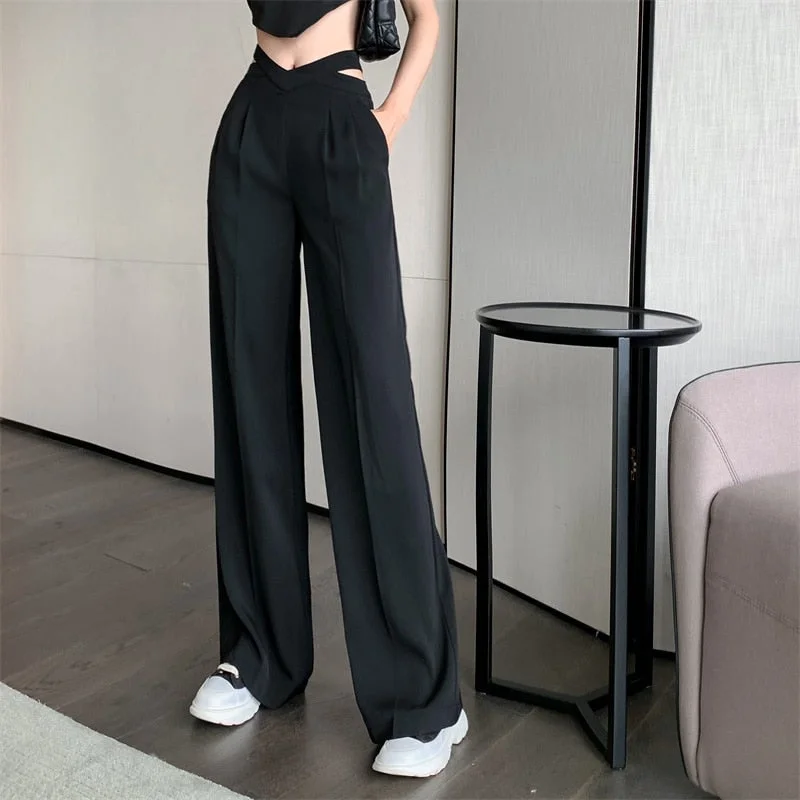 UForever21 Korean Fashion Wide Leg Pants High Waist Solid Casual Loose Office Lady Suit Pants Straight Trousers Women Baggy Pantalones