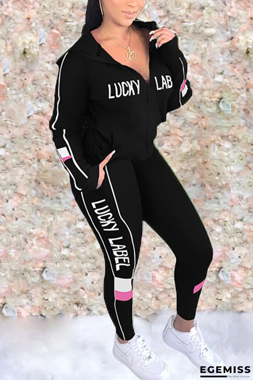 Black Fashion Casual Letter Hooded Collar Long Sleeve Two Pieces | EGEMISS