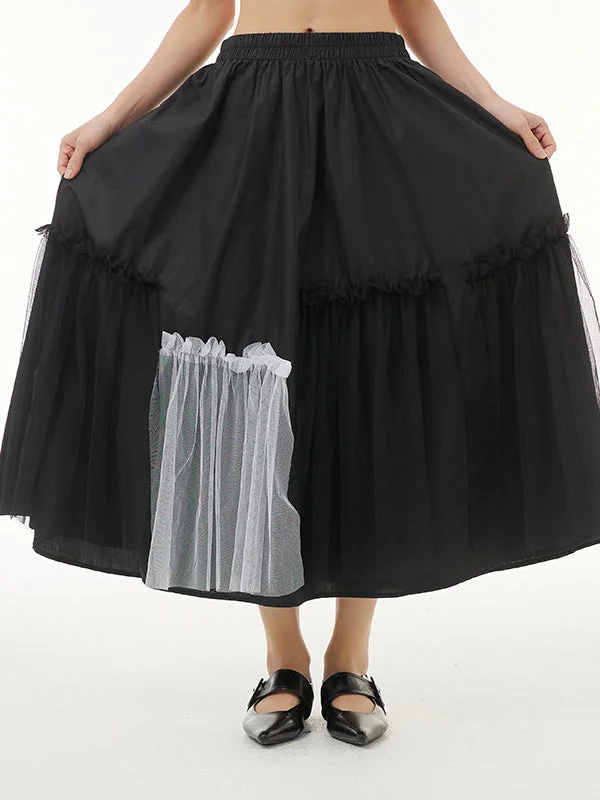 Original High Waisted Contrast Color Split-Joint Gauze Skirt Bottom