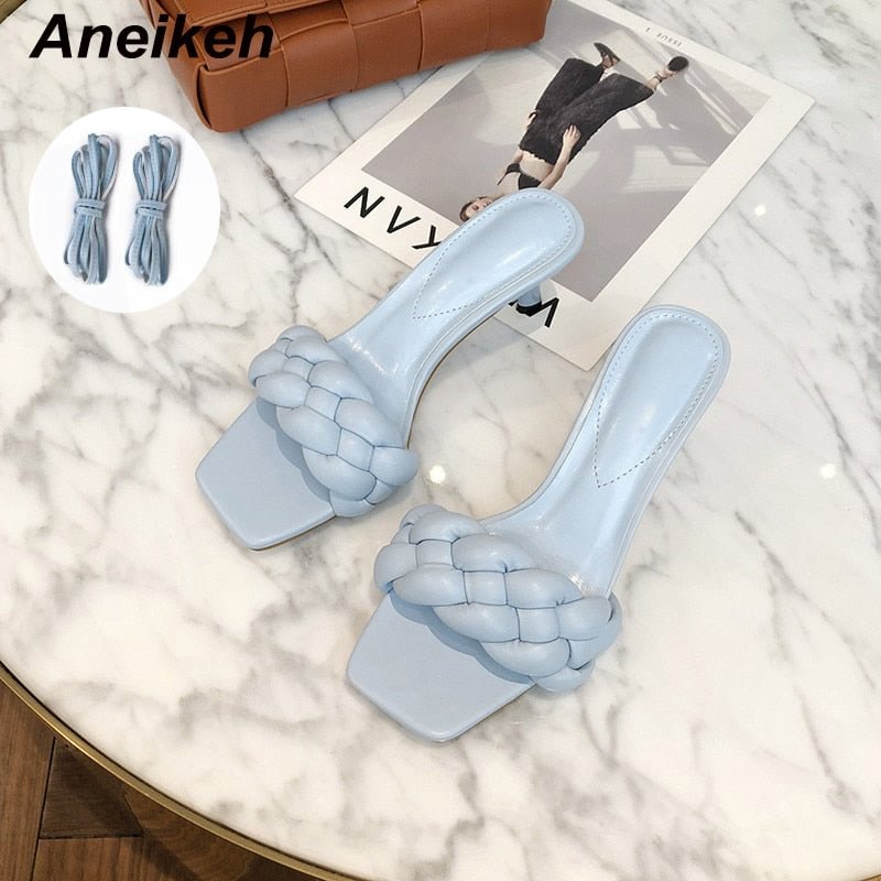 Aneikeh Size 35-42 New Design Weave Women Slipper Thin High Heel Sandal Open Toe Slip On Summer Outdoor Slides Flip Flop Shoe