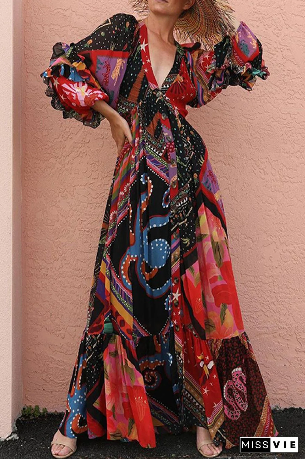 Bohemian Patchwork Buckle Flounce V Neck Dresses