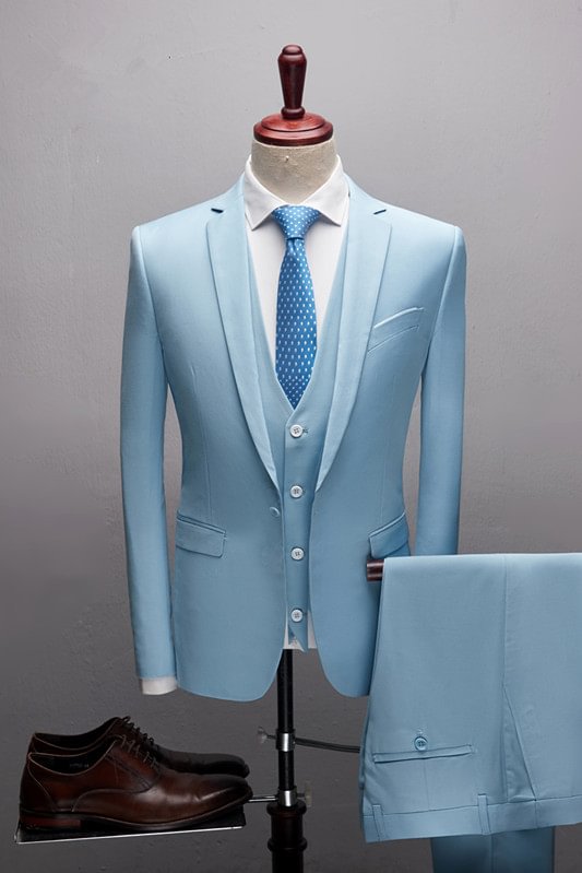 Modern Notched Lapel 3 Pieces Marriage Blazer Suit With Sky Blue | Ballbellas Ballbellas