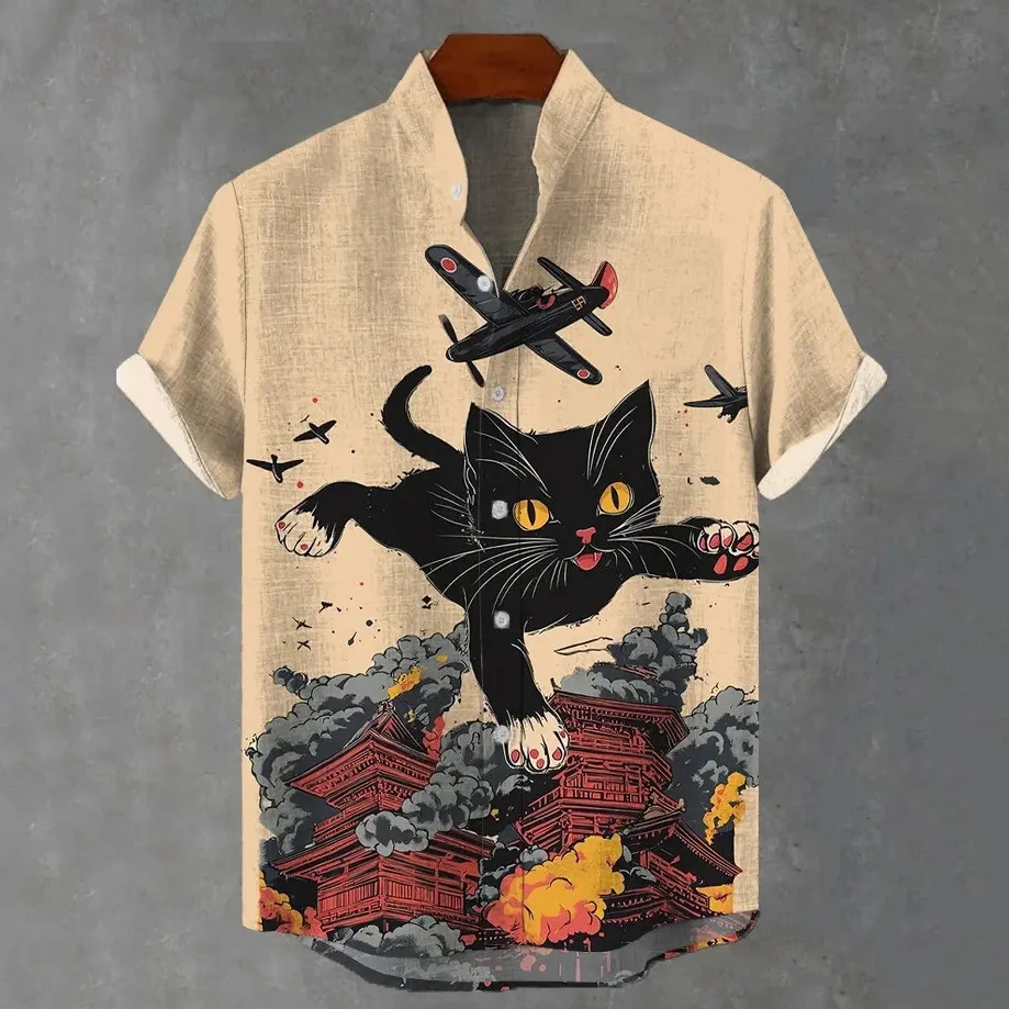 Men's Retro Fun Cat Print Casual Linen Blend Short-sleeve Shirt  artssus