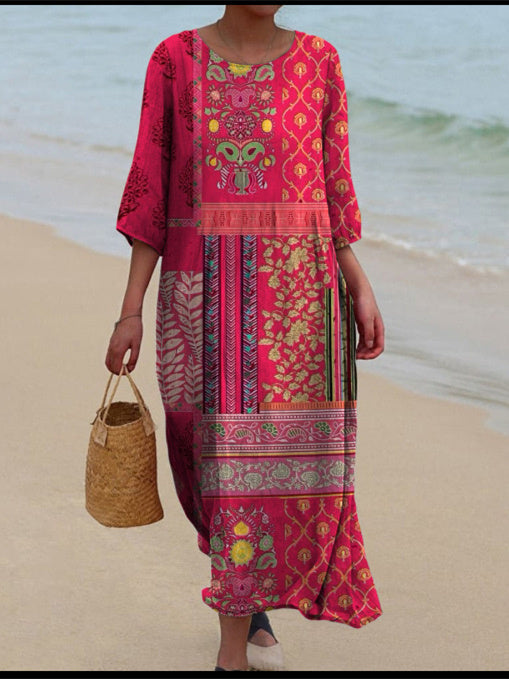 Women's 3/4 Sleeve Scoop Neck Graphic Printed Midi Dress