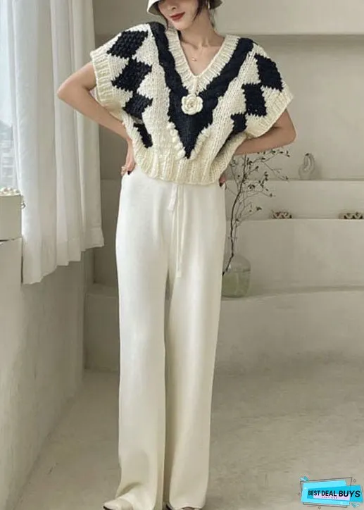 Women White V Neck cozy Knit Tank Tops Sleeveless