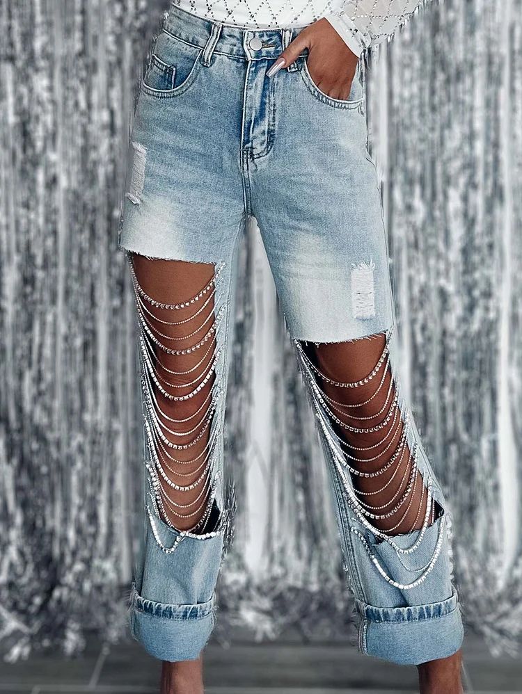 Fashionable Hollow Out Chain Design Denim Jeans