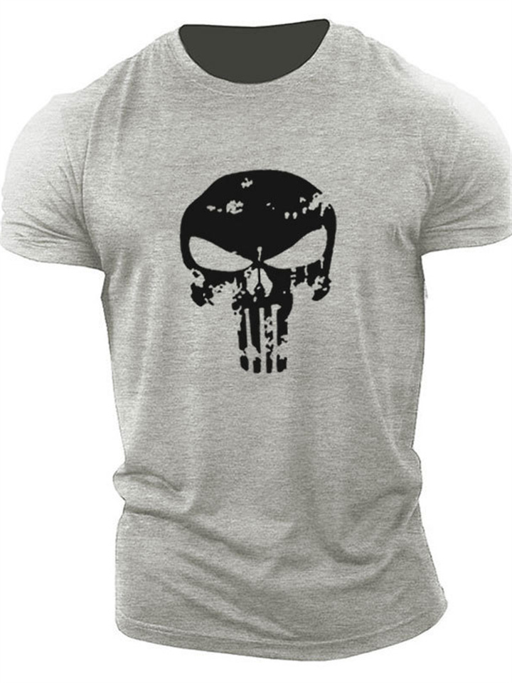 Sports Casual Men's Short-sleeved T-shirt Cotton Solid Color Bottoming Shirt Round Neck Skull Pattern T-shirt
