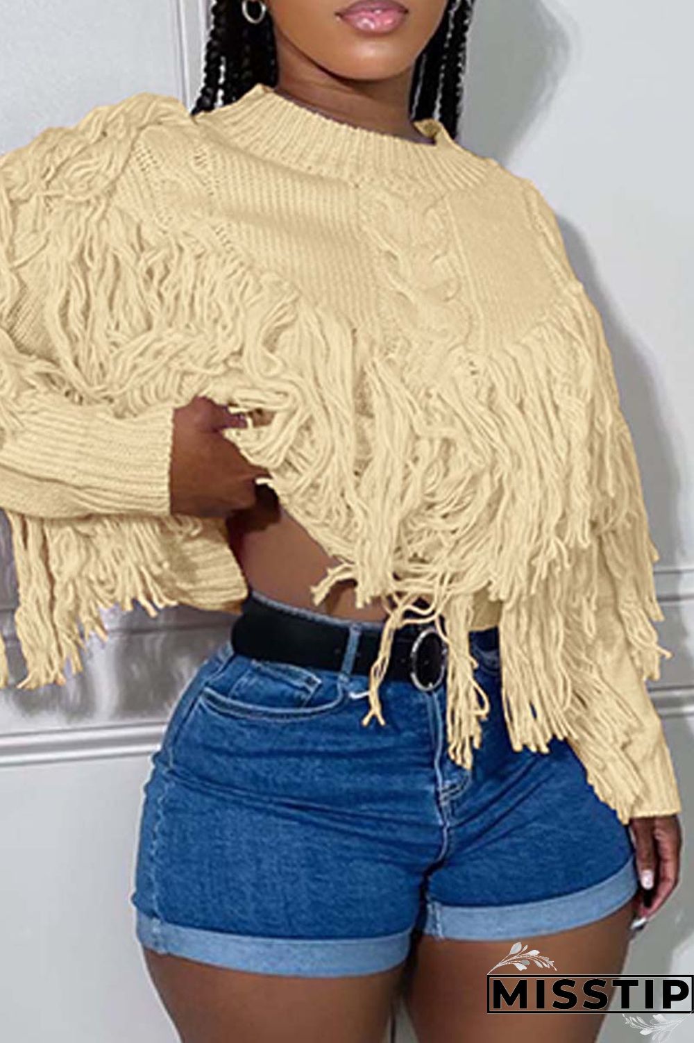 Black Casual Solid Tassel O Neck Tops