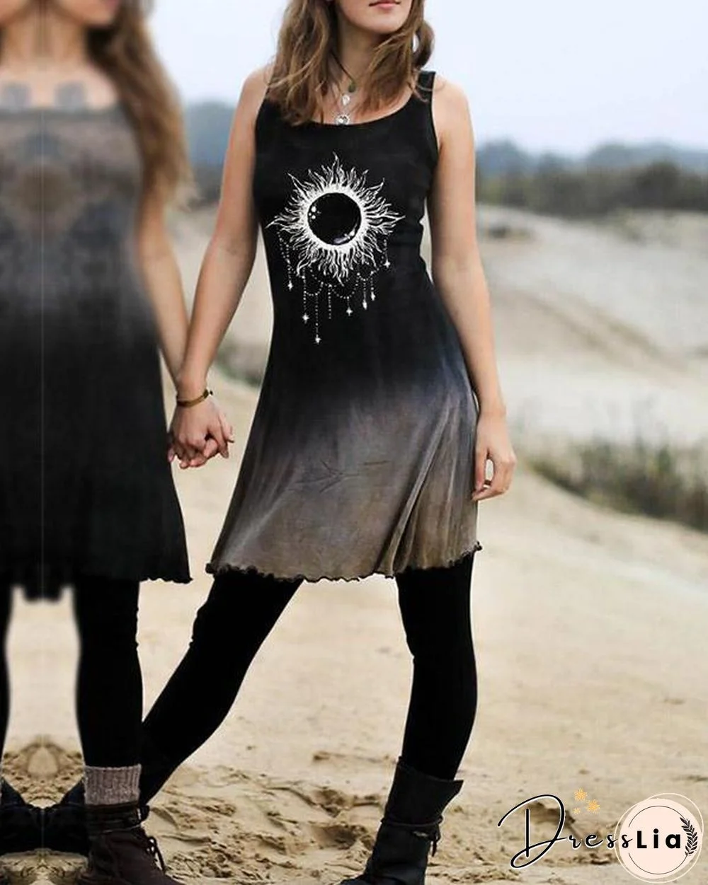 Women's Vintage Gradient Dyed Printed Dress