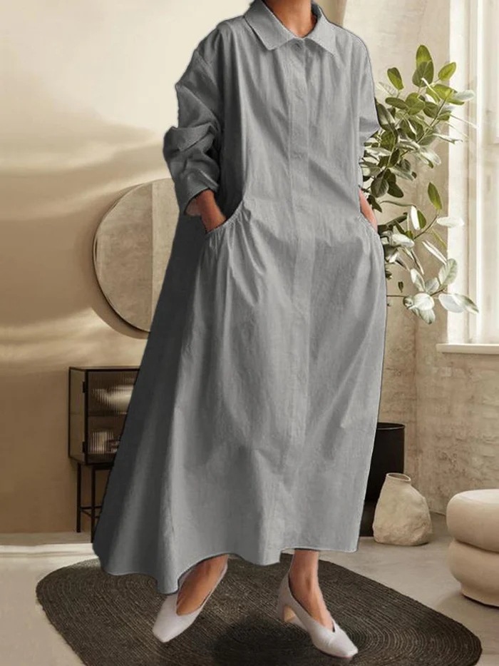 Mature Women Solid Color Plus Size Pocket Casual Skirt Dress