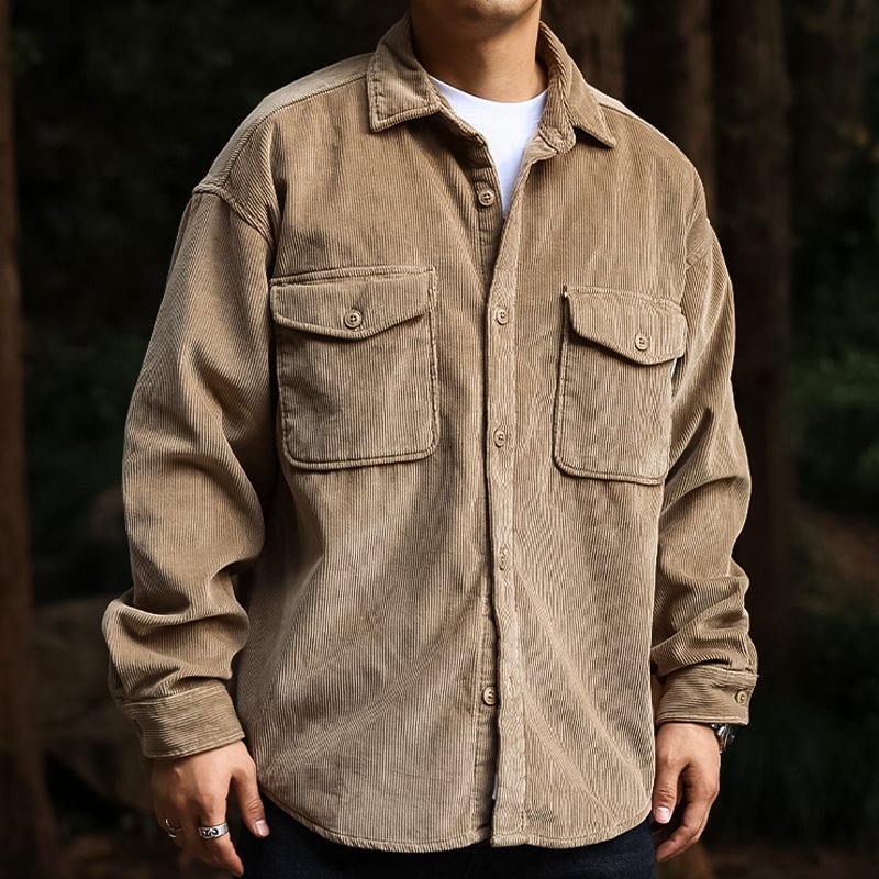 American Corduroy Loose Casual Fleece Multi-pocket Shirt