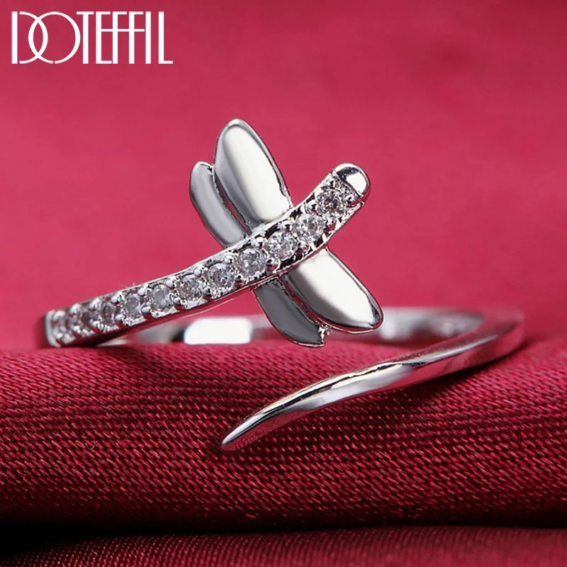DOTEFFIL 925 Sterling Silver Dragonfly AAA Zircon Opening Ring For Women Jewelry