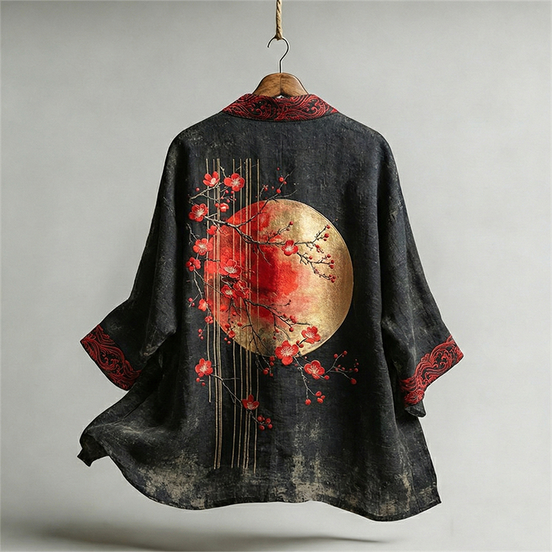Men's Japanese Cherry Blossom Art Pattern Linen Blend Kimono  artssus