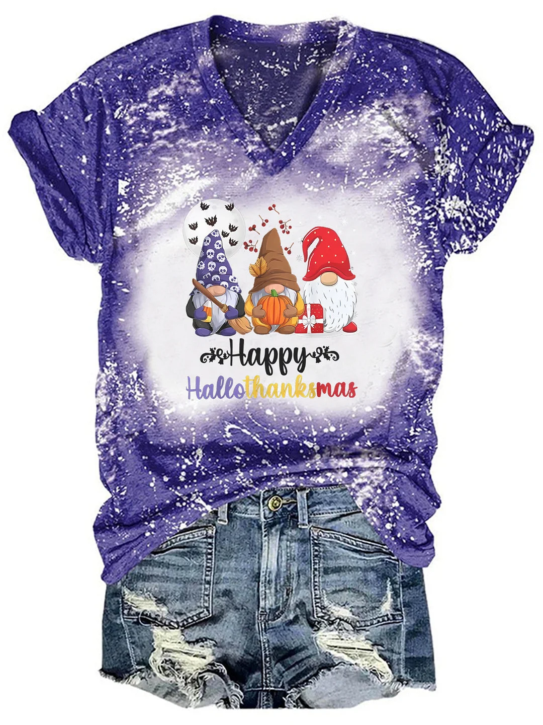 Women's Happy Hallothanksmas Print Tie dye T-Shirt