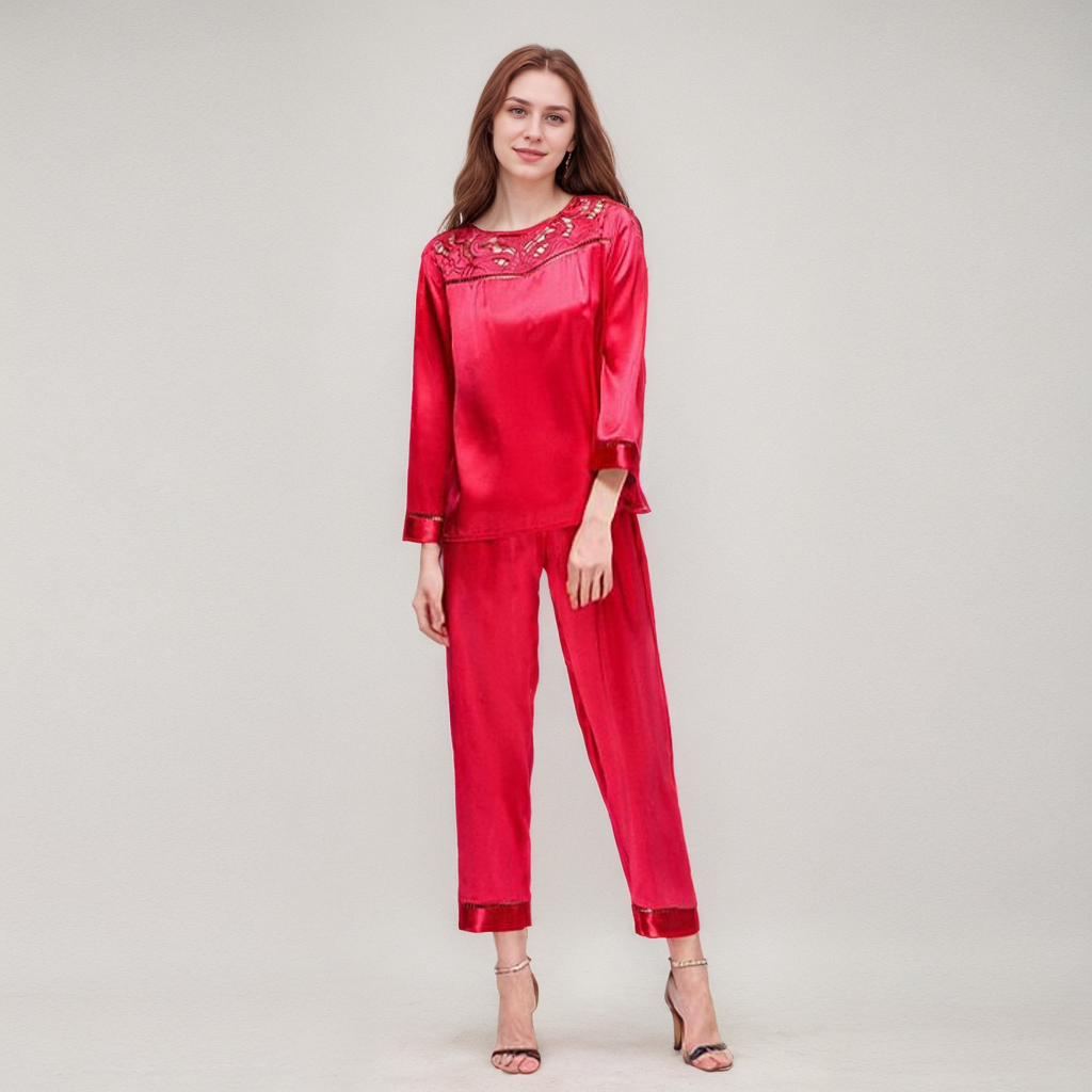 Silk Pajamas for Women with Lacy Neckline REAL SILK LIFE