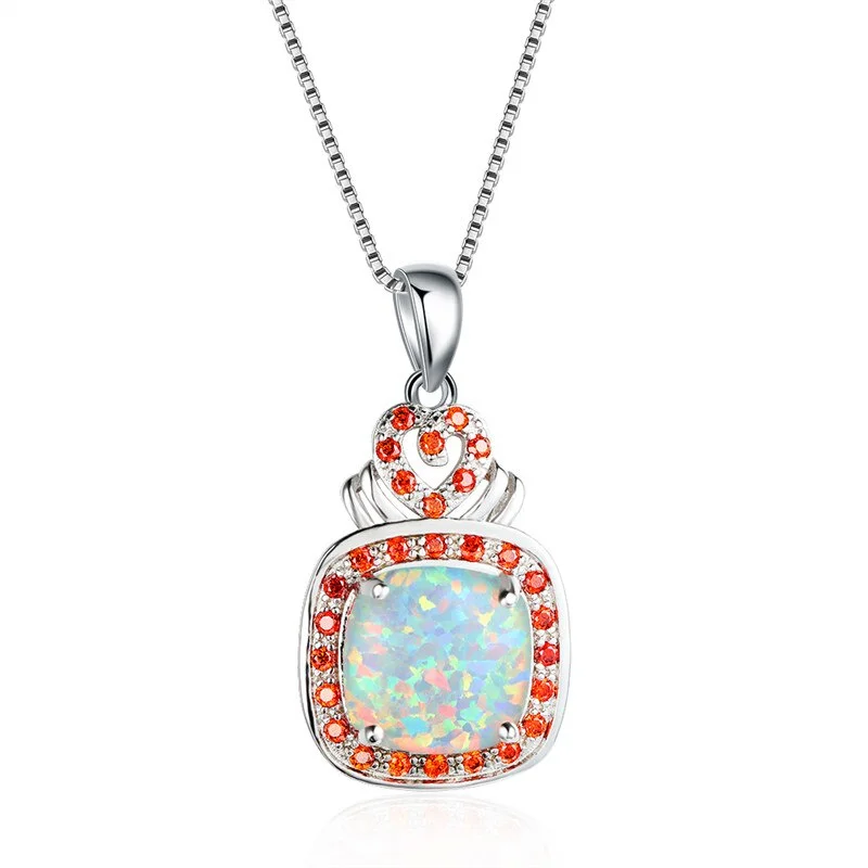 Dainty Female Orange Opal Pendant Necklace Cute Crystal Square Chain Necklaces For Women Charm Silver Color Wedding Necklace