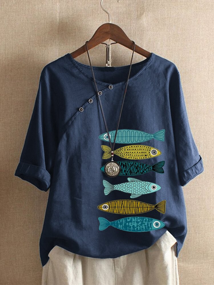 Fish Printed Button Short Sleeve O Neck T shirt P1682088