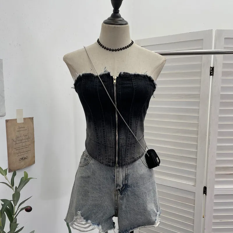 Nigikala Nigikala Shooting 2025 Spring And Summer New Trend Hair Edge Gradient Design Brush Denim Zipper Shirt Vest 2701