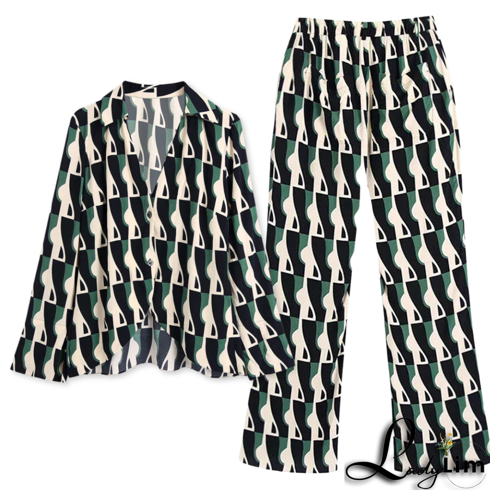 Casual Printed Shirt and Pants Two Piece Set