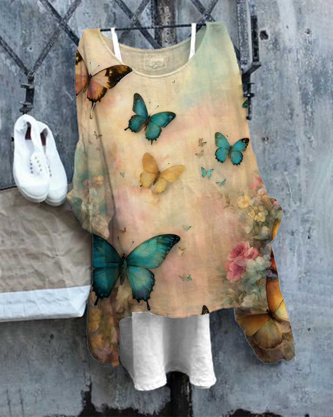 Women's Vintage Butterfly & Flowers Print Linen Blend Flowy Tunic