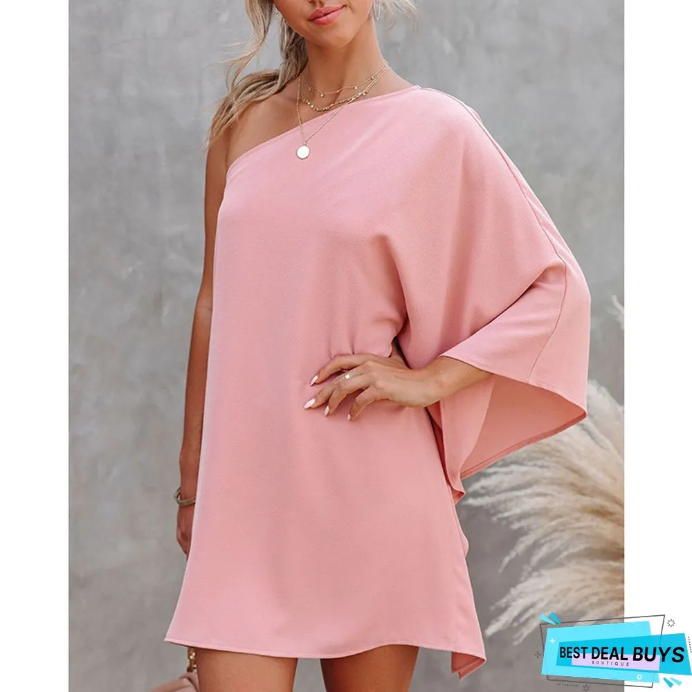 Lotus Leaf Sleeve Dress Loose Temperament Sexy One-Shoulder Solid Color Skirt