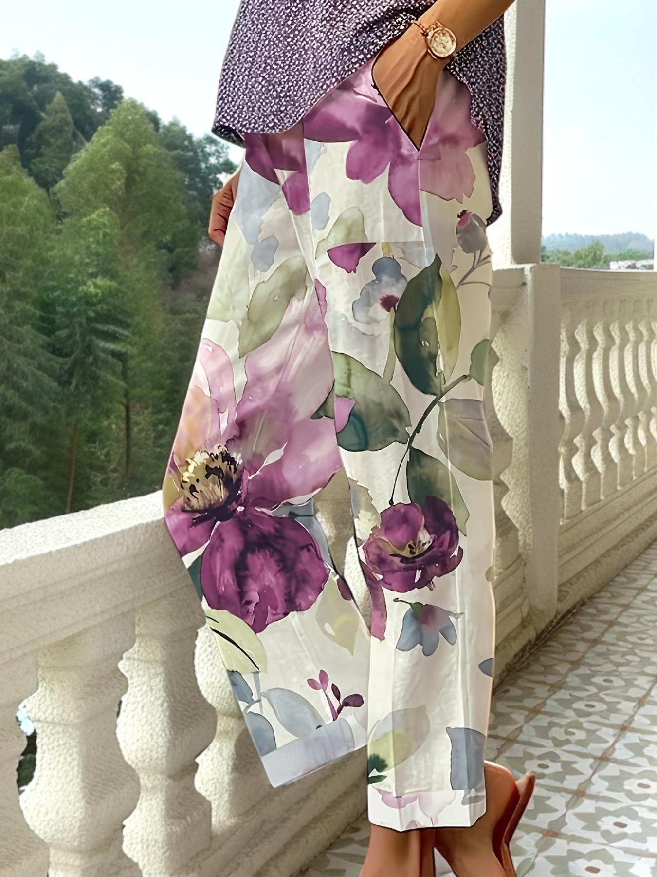 Women's Floral Print Straight-Leg Pants With Pockets - Lightweight Polyester, Vibrant Purple & Green Flower Design, Loose Fit For Casual Or Vacation Wear, Ladies Pant | IFYHOME