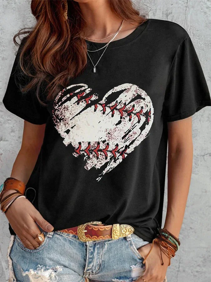 Women's Baseball Heart Print Short Sleeve T-Shirt socialshop