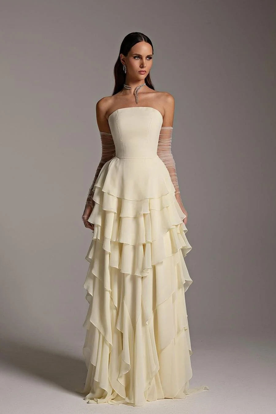 Miabel Charming Daffodil Chiffon Strapless Sleeveless Long Cake Prom Dress with Gloves 