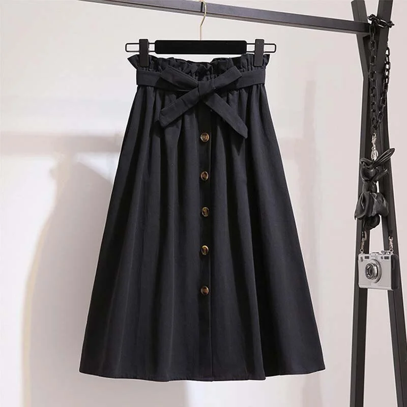 Women Elegant High Waist Midi Skirt Spring And Summer Casual Single-Breasted Solid Black White Bowknot Belt Office A-Line Skirt