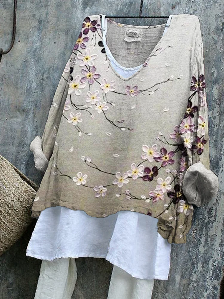 Comstylish Oil Painting Flower Print Linen Blend Flowy Tunic