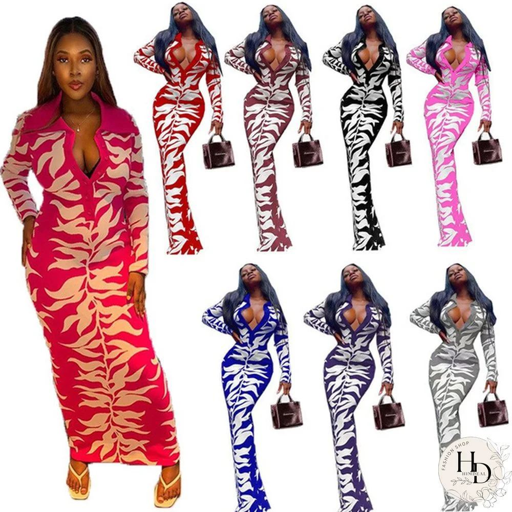 Dresses for Women Autumn Women Long Sleeve V-neck Printing Polyester Long Dress