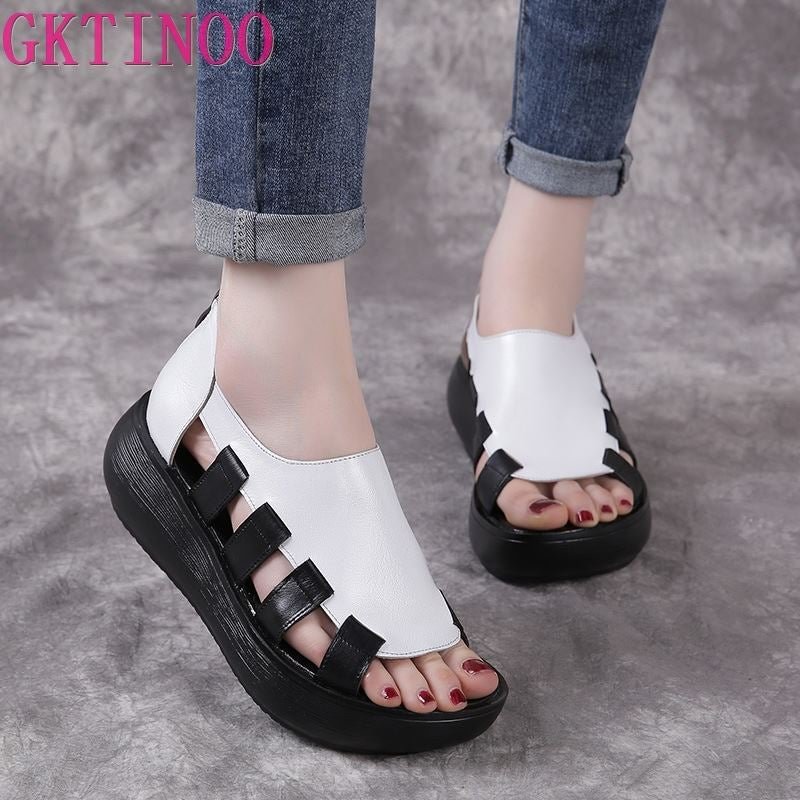 GKTINOO 2021 Summer Genuine Leather Flat Platform Sandals For Women Hollow Out Mixed Colors Breathable Peep Toe Ladies Sandals