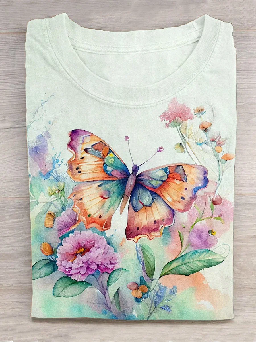 Butterfly And Flower Watercolor Art Design T-shirt