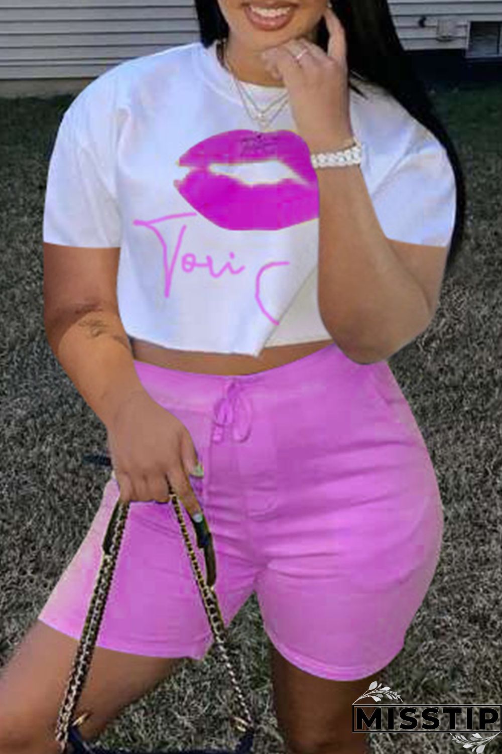 Yellow Fashion Casual Letter Lips Printed Basic O Neck Short Sleeve Two Pieces