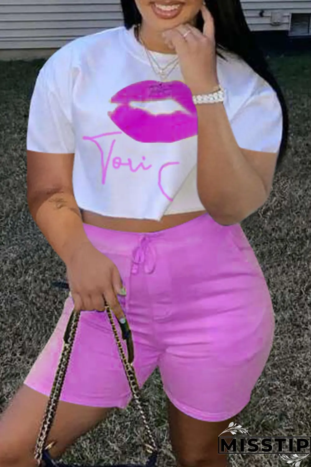 Yellow Fashion Casual Letter Lips Printed Basic O Neck Short Sleeve Two Pieces