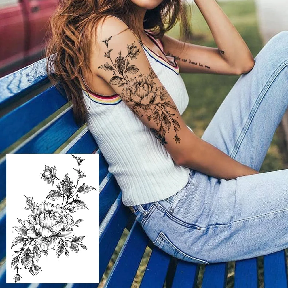 Realistic Sexy Peony Tattoos Temporary Women Adult Flower Arm Tattoos Sticker Waterproof Fake Floral Bloosom Body Leg Art Tatoos 530-1